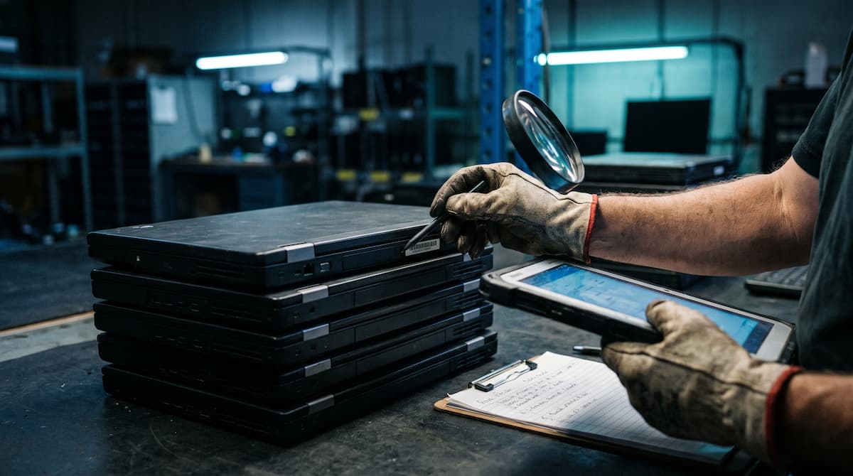Technician checking serial numbers on retired laptops against an audit sheet