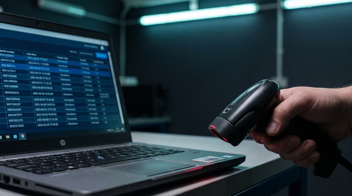 Barcode scanner reading an asset tag with a database audit log visible on a laptop screen