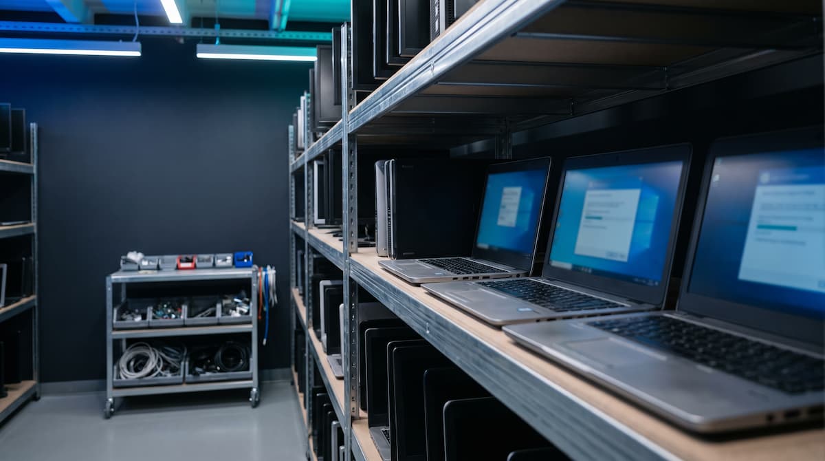 Graded, refurbished equipment staged for resale alongside components sorted for recycling