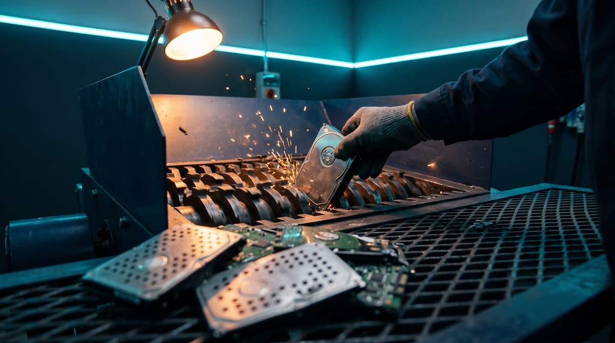 Hard drive being fed into an industrial drive shredder