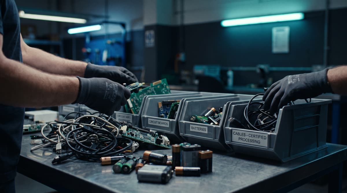 Sorted e-waste components staged in labeled bins for certified downstream processing