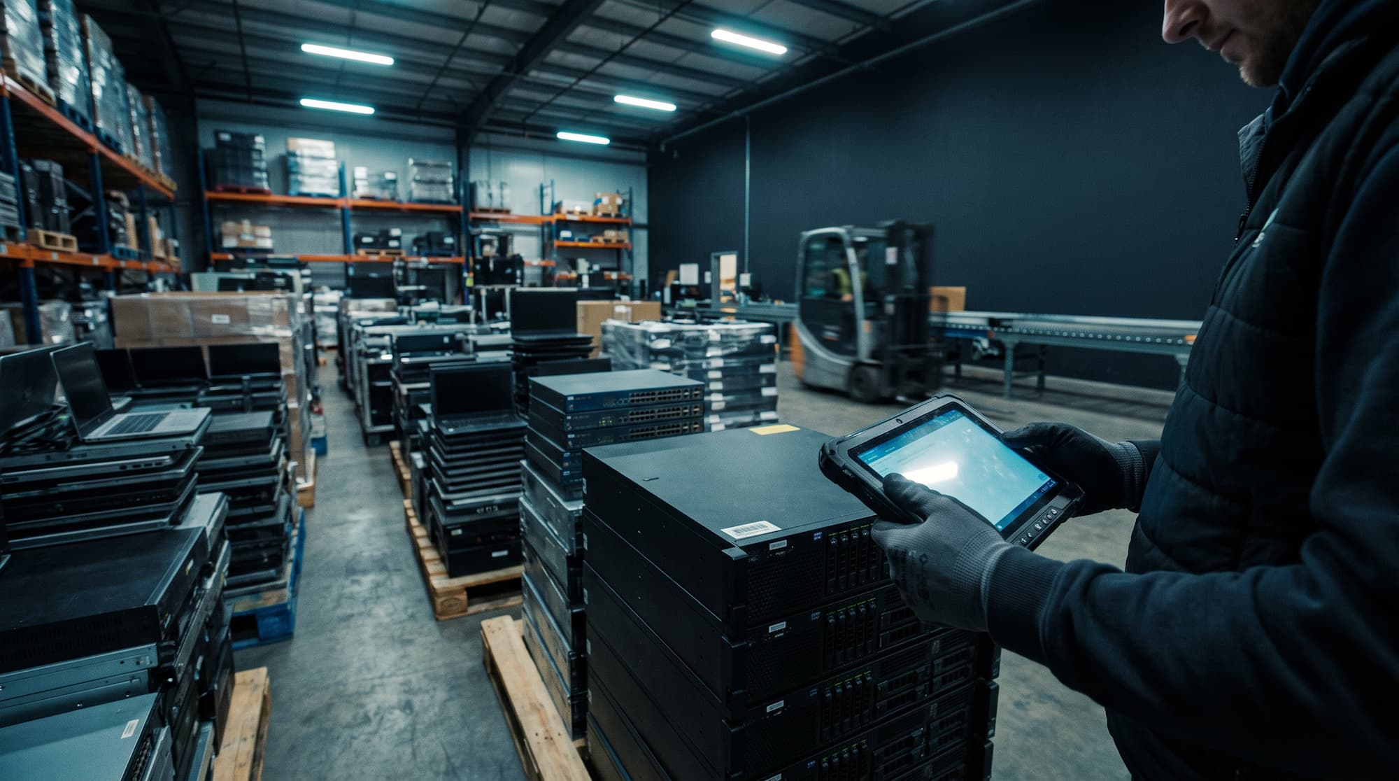 ITAD warehouse floor with palletized IT equipment staged for processing