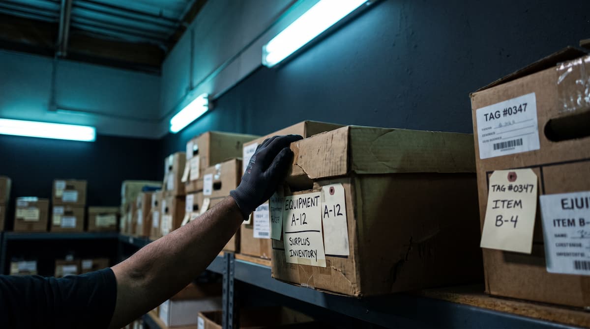 Tagged equipment box being pulled from an organized warehouse shelf of surplus inventory