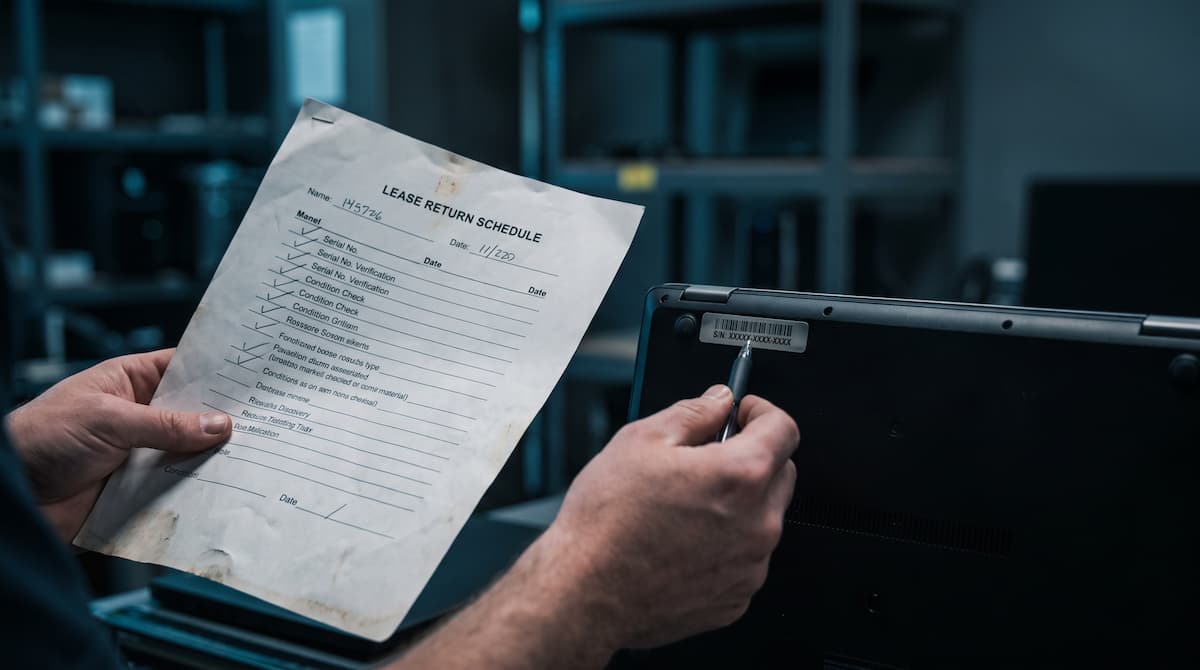 Lease return schedule being checked against a laptop's serial number tag