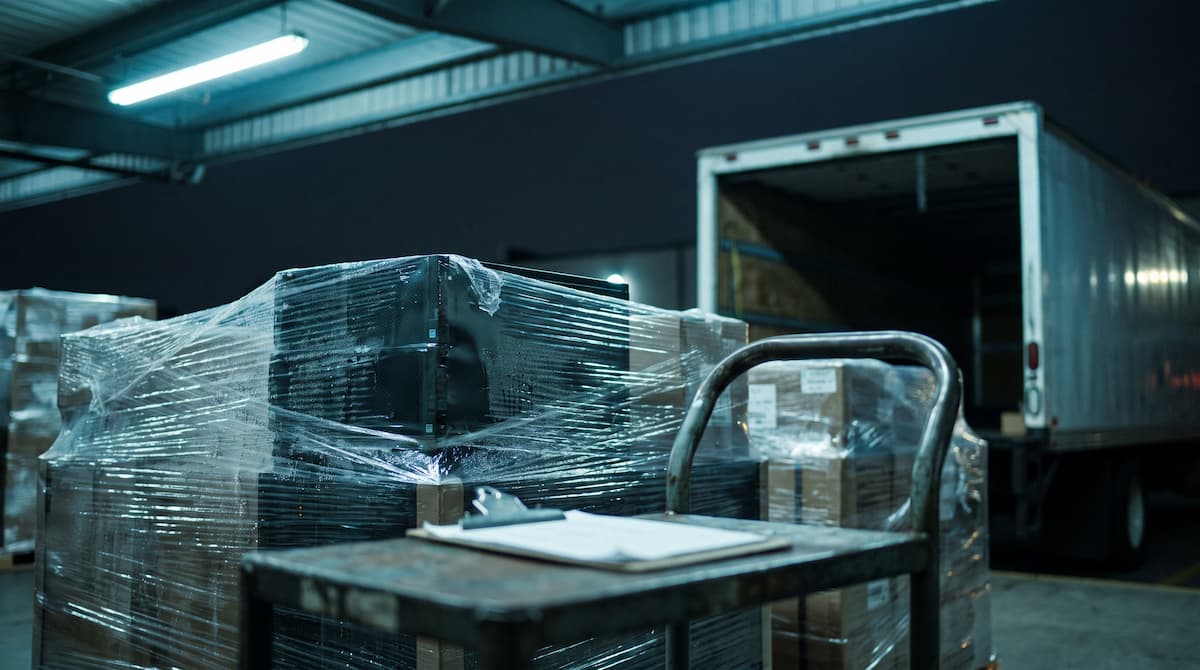 Palletized IT equipment staged at a loading dock ready for freight pickup