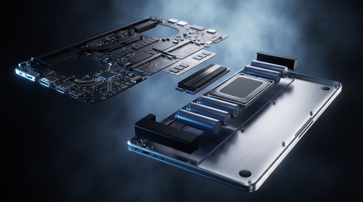 Laptop disassembled down to its board, memory, storage, and battery components
